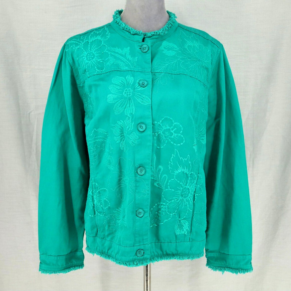 Chico's Jackets & Blazers - Chicos 3 Jacket Womens XL 16 Green Embroidered Floral Linen Blend Fringe Trim